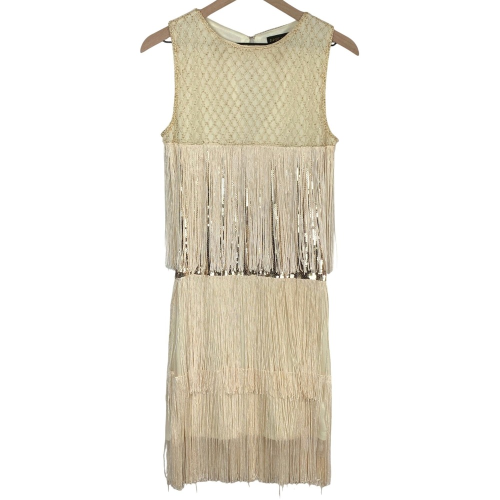 BABEYOND Beaded Sequin Fringe Flapper Gatsby Midi Dress Sz S Champagne Gold